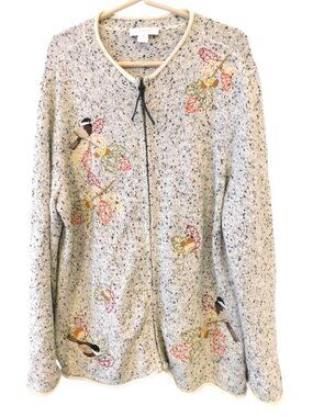 CJ Banks 1X Embroidered Bird Leaf Zip Cardigan Sweater Beige Nature Cottagecore